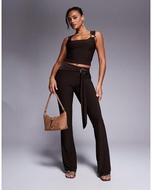 Kaiia Exclusive Double Layered Slinky Hardware Belt Detail Trouser Co-Ord - Brown