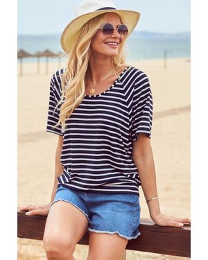 Sosandar Striped Relaxed Fit Scoop Neck T-Shirt Denim - Blue