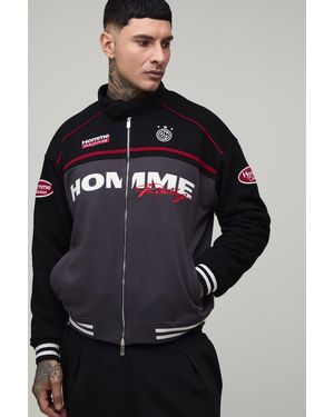 BoohooMAN Tall Boxy Fit Biker Collared Colour Block Moto Jersey Jacket - Blue