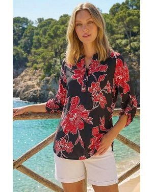Roman Floral Puff Print Stretch Shirt - Red