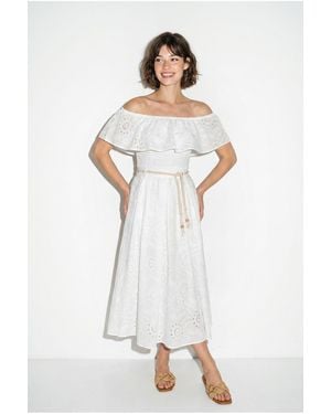 Bianco Lucci Embroidered Off-Shoulder Blouse And Midi Skirt Set - White