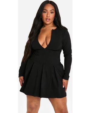Boohoo Plus Long Sleeve Corset Detail Plunge Pleated Hem Dress - Black