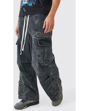 BoohooMAN Elastic Waist Acid Wash Parachute Cargo Jeans - Blue