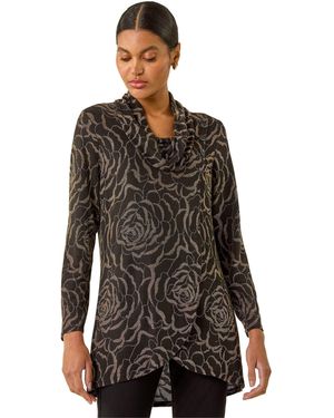 Roman Jacquard Cowl Neck Stretch Top - Black