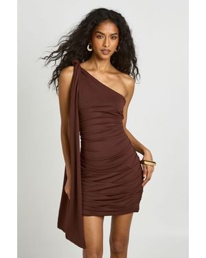 Boohoo Knot Shoulder Asymmetric Mini Dress - Brown