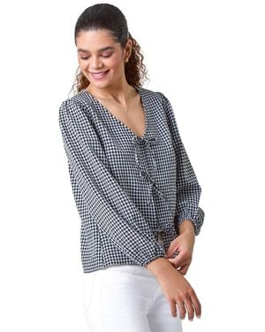 Roman Gingham Print Tie Front Woven Top - Blue