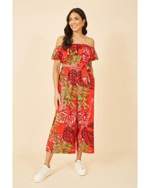 Mela London Tropical Leaf Print Bardot Jumpsuit - Red