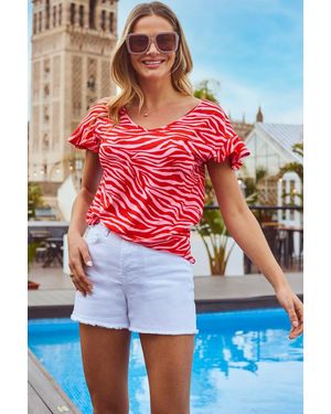 Sosandar Zebra Print Ruffle Sleeve Jersey T- Shirt - Red