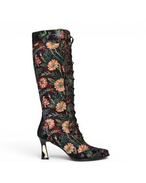Laura Vita Victorian Floral Leather Knee-High Heeled Boots - Black