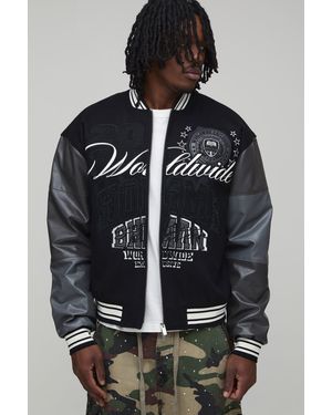 BoohooMAN Tall Melton & Pu Mixed Fabric Embellished Varsity Jacket - Grey