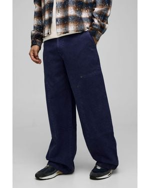 BoohooMAN Baggy Fit Washed Carpenter Trousers - Blue