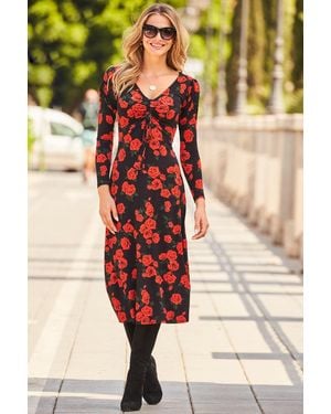 Sosandar Floral Print Ruched Front V Neck Midi Jersey Dress - Black