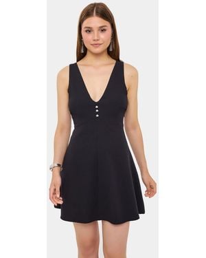 Hiccup Cotton V-Neck Cut-Out Buttoned Detail Mini Dress - Blue