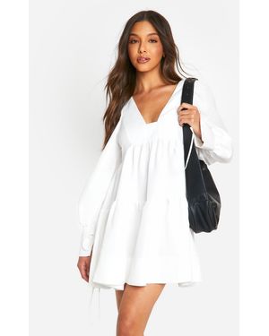 Boohoo Puff Sleeve Tiered Smock Dress - White