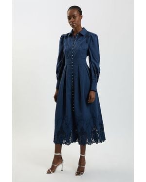 Karen Millen Cotton Cutwork Balloon Sleeve Woven Midi Dress - Blue