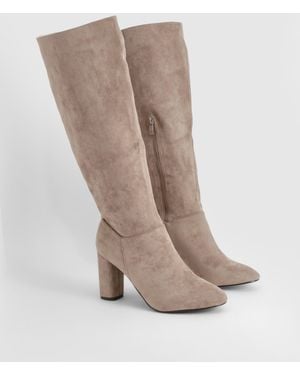 Boohoo Wide Fit Faux Suede Block Heel Knee High Boots - Grey