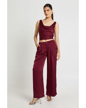 Boohoo Satin Cowl Neck Cami And Wide Leg Trouser Co-Ord - Red