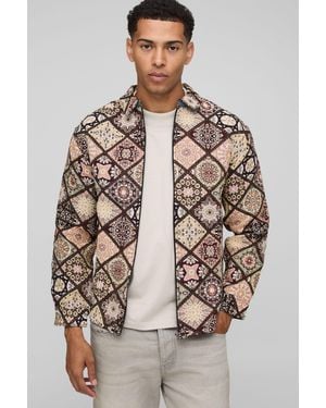 BoohooMAN Long Sleeve Zip Through Diamond Tapestry Shirt Jacket - Brown