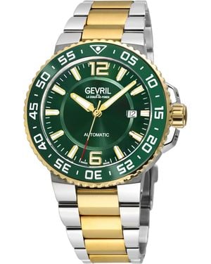 Gevril Riverside Swiss Automatic Watch, Ipyg Bezel, Ceramic Ring, Glossy Dial, Two Toned Ss/Ipyg Stainelss Steel Bracelet - Green