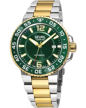 Gevril Riverside Swiss Automatic Watch, Ipyg Bezel, Ceramic Ring, Glossy Dial, Two Toned Ss/Ipyg Stainelss Steel Bracelet - Green