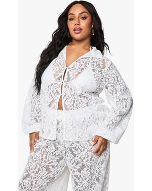 Boohoo Plus Crochet Lace Oversized Beach Shirt - White