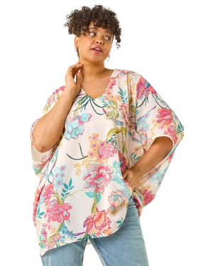 Roman Curve Floral Cocoon Woven Top - White