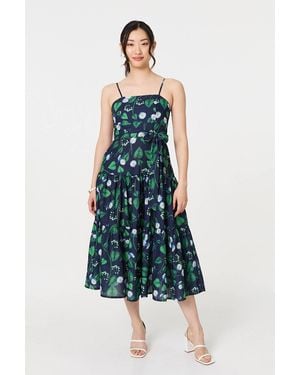 Izabel London Floral Sleeveless Tie Waist Midi Dress - Blue