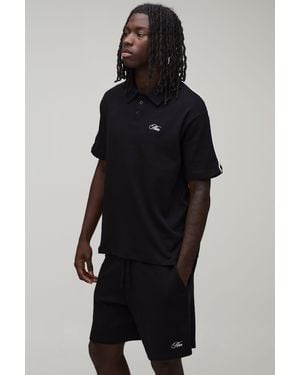 BoohooMAN Oversized Boxy Contrast Piping Embroidered Short Sleeve Polo And Set - Black