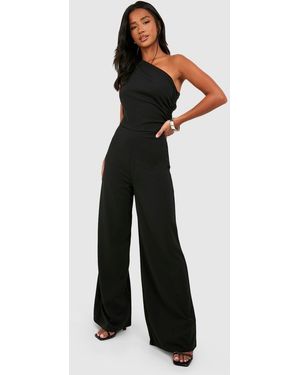 Boohoo Petite Ruched Asymmetric Neck Jumpsuit - Black