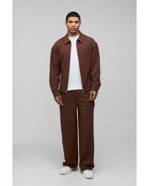 BoohooMAN Jersey Herringbone Regular Zip Up Harrington & Baggy Trouser Set - Brown