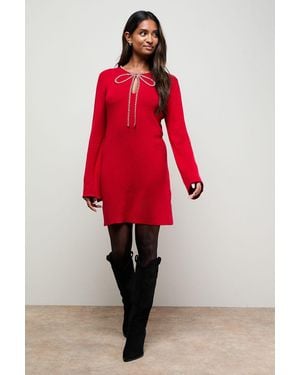 Oasis Embellished Bow Knitted Dress - Red