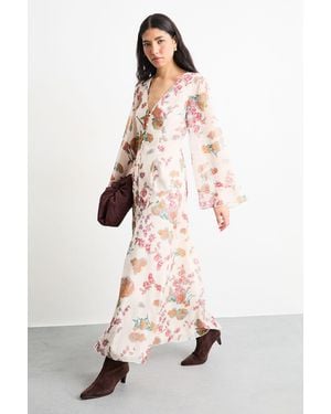 Warehouse Chiffon Bohemian Button Through Floral Maxi Dress - Natural
