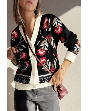 Azura Exchange Floral Print Buttoned Cardigan - Black