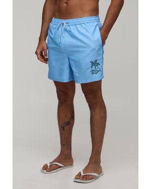 BoohooMAN Palm Embroidered Mid Length Swim Short - Blue