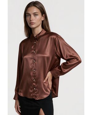 Msn-Collection Solid Woven Shirt-Collar T-Shirt - Brown