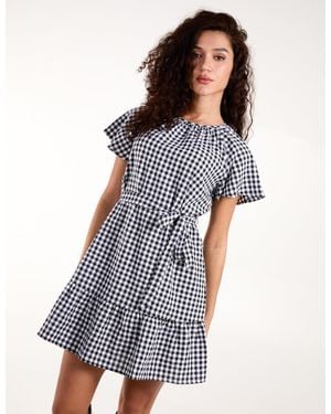 Blue Vanilla Gingham Belted Waist Mini Dress - Blue
