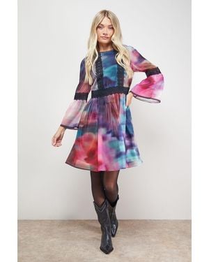 Oasis Lace Trim Fluted Sleeve Mini Prom Dress - Multicolour