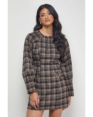 Warehouse Check Structured Seam Zip Front Mini Dress - Grey