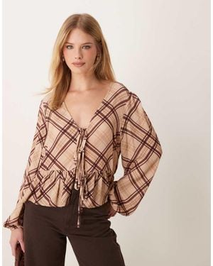 Miss Selfridge Check Tie Front Long Sleeve Top - Natural