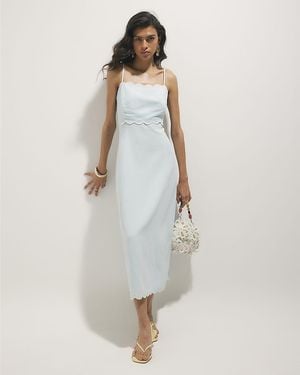 River Island Midi Dress Linen Blend Scallop Trim Zip Viscose - White