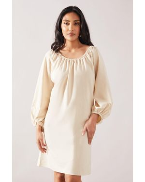 Wallis Petite Linen Elastic Neck Shift Dress With Frill Sleeve - Natural