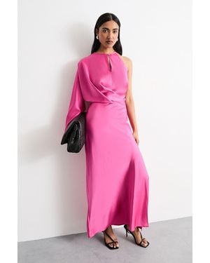 Warehouse One Shoulder Twist Front Keyhole Satin Maxi Dress - Pink