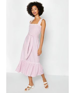 Warehouse Striped Frill Hem Midi Dress - Pink
