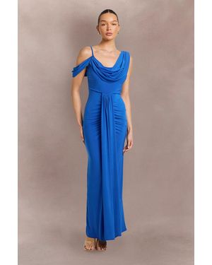 Boohoo Double Layer Slinky Drape Front Cold Shoulder Maxi Dress - Blue