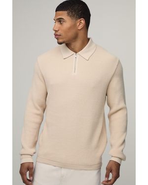 BoohooMAN Regular Fit Soft Touch Waffle 1/4 Zip Knitted Polo - Natural