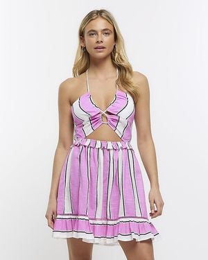 River Island Mini Dress Stripe Halter Neck Cotton - Purple