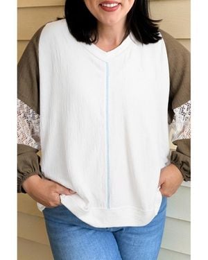 Azura Exchange Ontspannen Pasvorm Lange Mouwen Top Met Contrasterende Mouwen En Delicate Kantdetails - Wit