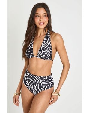 Boohoo Zebra Print Tummy Control Halterneck High Waisted Bikini Set - Multicolour