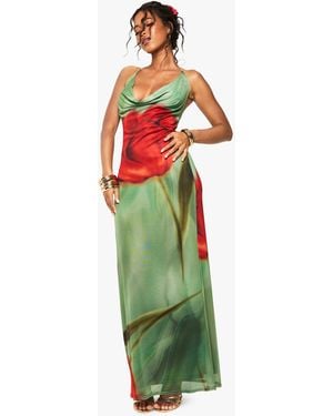 Boohoo Mesh Floral Print Cowl Maxi Dress - Green