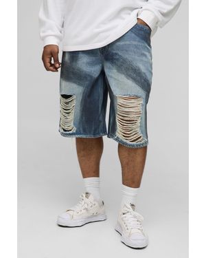 BoohooMAN Plus Relaxed Fit Paint Brushed Distressed Jorts - Blue